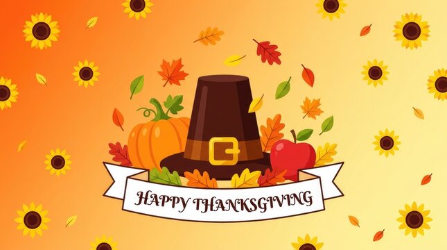 Festive thanksgiving background featuring a traditional pilgrim hat with autumn leaves pumpkins and sunflowers for celebration