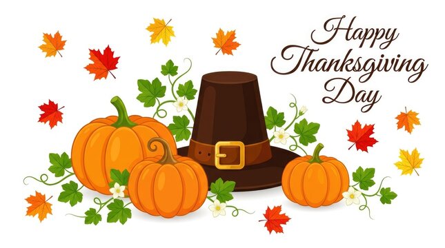 Happy thanksgiving day greeting card design with a traditional pilgrim hat pumpkins and colorful autumn leaves