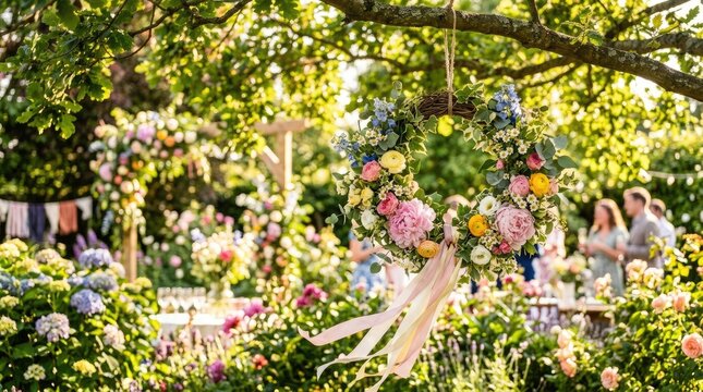 A vibrant floral wreath hangs from a tree branch in a lush garden setting.