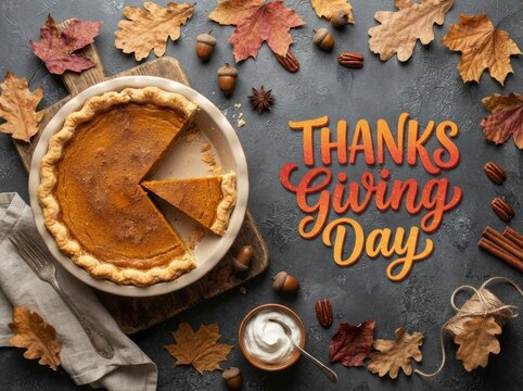 Top view of a delicious pumpkin pie with thanksgiving day text on a rustic wooden background