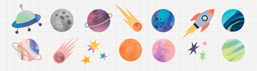 Obraz na płótnie Canvas Colorful vector illustrations of planets, stars, and a rocket on a grid background.