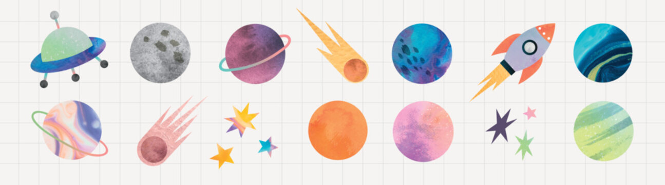 Colorful vector illustrations of planets, stars, and a rocket on a grid background.