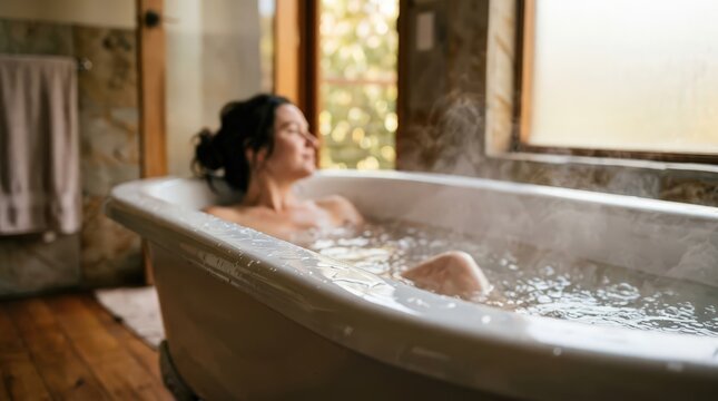 Woman relaxing steaming bathtub during luxury travel getaway