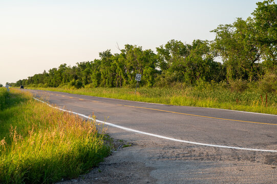 Rural road with speed limit sign winding past treeline, Manitoba, Canada