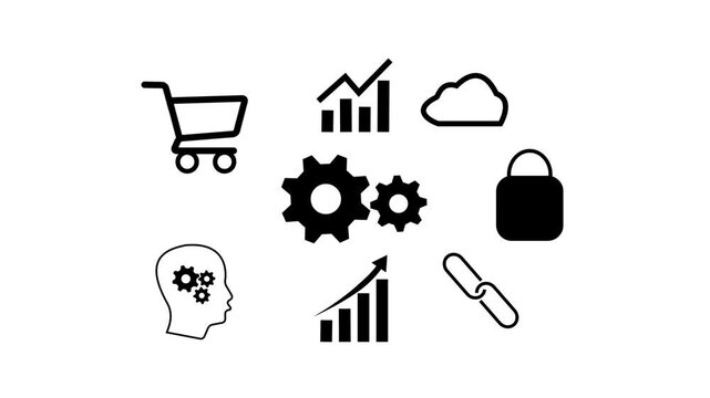 Business and Technology Icons Collection Animation on White Background Featuring Shopping Cart, Analytics, Cloud, Settings Gear, Security Lock, Brain, Growth Chart, and Chain Link Symbols , 4K video.