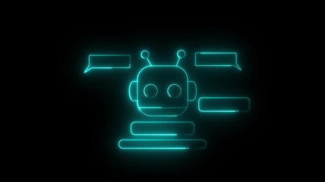Glowing Cyan Neon AI Chatbot Icon Animation with Chat Bubbles on Black Background, Virtual Assistant, Customer Support and Live Chat Concept &ndash; 4K Motion Graphics.
