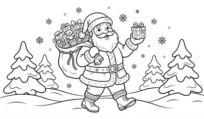 Untitled design - 1Cute Santa Claus Holding Gift and Big Sack Christmas Coloring Page for Kids Vector Illustration