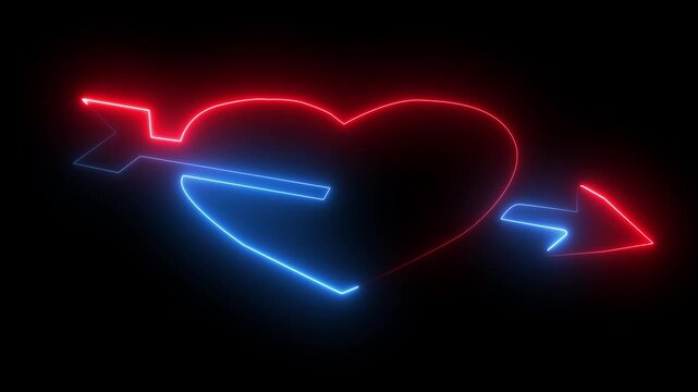 Valentines day neon ,led light glowing heart with arrow with black background.