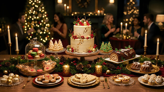 Christmas dinner table with festive cake and cookies in a cozy holiday home