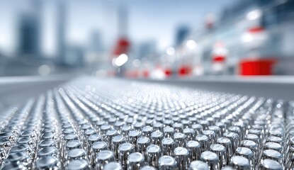 Obraz premium Close-up of a row of metallic components, blurring into a city backdrop