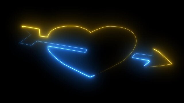 Valentines day neon ,led light glowing heart with arrow with black background.