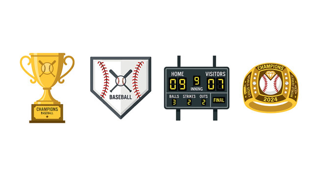 Baseball championship icons set, golden trophy cup and championship ring, digital scoreboard and home plate shield vector illustrations