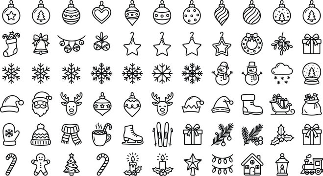 Print Mega Winter Christmas Holiday Thin Line Art Icon Grid Featuring Ornate Bauble Ornaments Santa Claus Gingerbread Men and Cozy Festive Decor Symbols