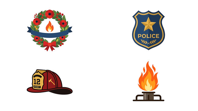 Emergency services flat vector icons set, police badge and firefighter helmet symbols, memorial wreath with flame and fire department elements
