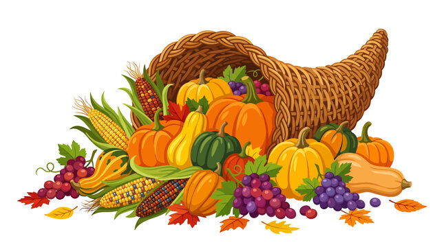 Thanksgiving cornucopia with autumn harvest vegetables, wicker horn of plenty with pumpkins and corn, fall bounty vector illustration on white