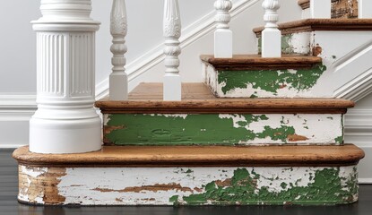 Obraz premium Aged wooden staircase with distressed paint