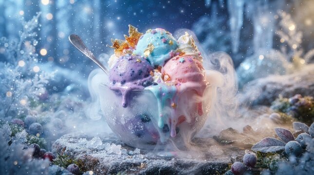 A decadent ice cream sundae sits in a frosted glass bowl, surrounded by a snowy winter landscape.