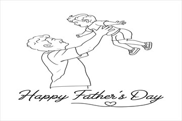 Obraz premium Continuous line art drawing of a loving father lifting his young child in the air with Happy Father's Day text on a white background.