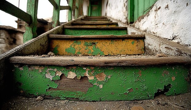 Old, weathered wooden stairs with peeling paint