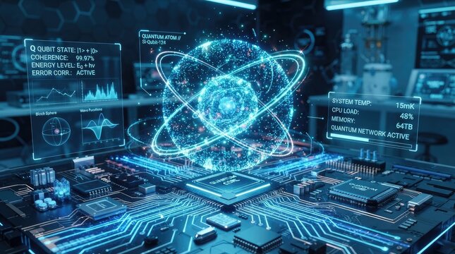 A futuristic laboratory displays a quantum atom overlaid on a complex computer chip.