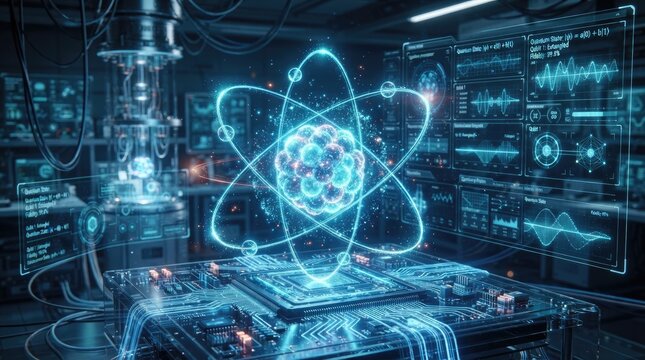 A futuristic laboratory displays a glowing atom model on a complex control panel.