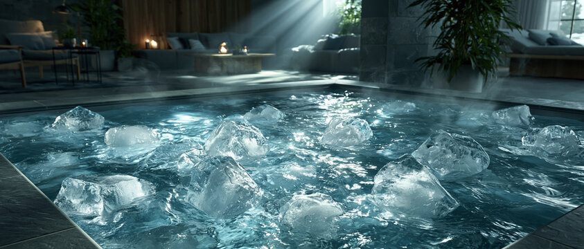 Cold ice bath pool with floating ice cubes spa recovery