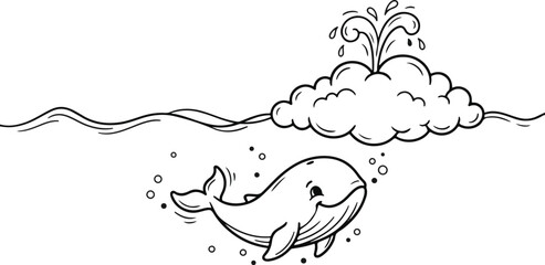 Cute whale calf swimming in the ocean. Vector illustration of a happy baby whale blowing water. © Md