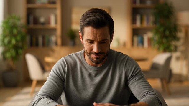 Mature Man Looking Down Thoughtfully at Table in Modern Home Office with Plants and Bookshelves