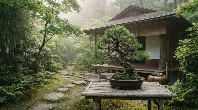 A serene Japanese garden features a traditional wooden tea house nestled amongst lush greenery.