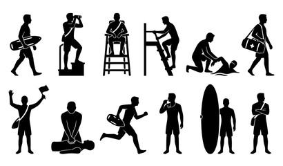 Lifeguard Silhouette Icon Set, Beach Rescue CPR Watchtower Whistle Safety Pictogram Collection Vector Illustration © MdShagarAli