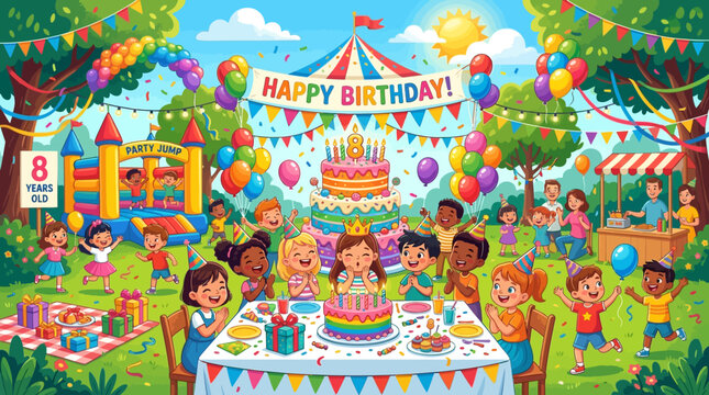 Children celebrating eighth birthday party outdoors with cake bouncy castle balloons gifts and parents in park vector illustration