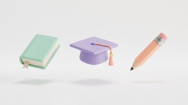 Pastel education icons in a row. 3D school supplies like book, cap and pencil.