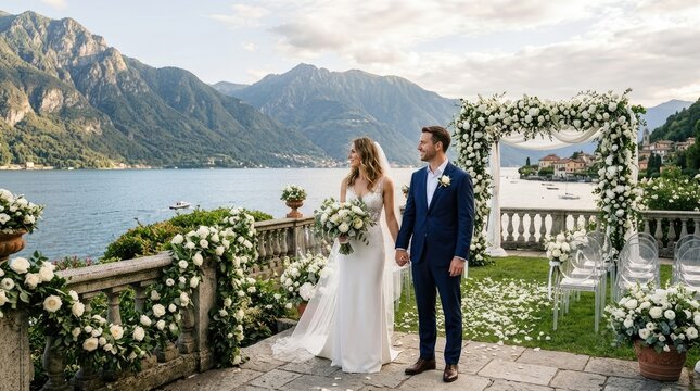 A handsome man and a beautiful woman stand hand-in-hand, smiling at the camera.