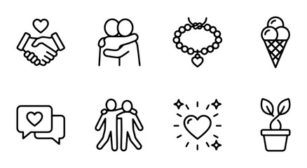 Fototapeta premium Friendship & Love Icons: Handshake, Hugs, Heart, Ice Cream, Plant, 8 Vector Elements