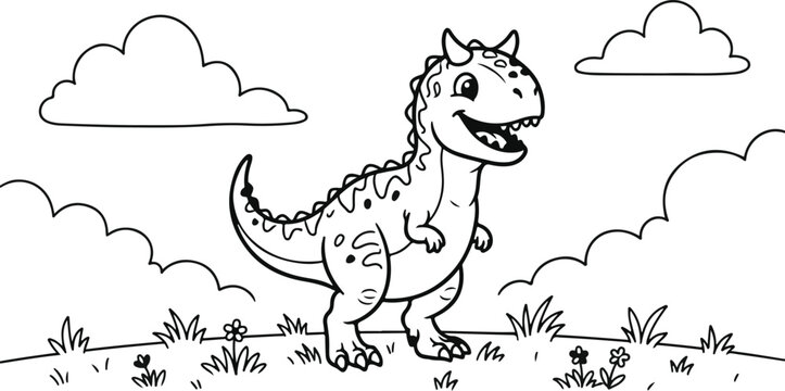 Cute Carnotaurus coloring page for kids. Vector illustration of a friendly baby dinosaur.