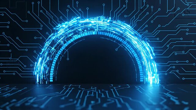 Glowing blue circular digital portal on tech floor.