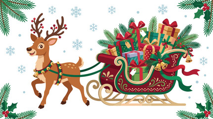 Fototapeta premium Cute cartoon reindeer pulling a christmas sleigh full of wrapped gifts