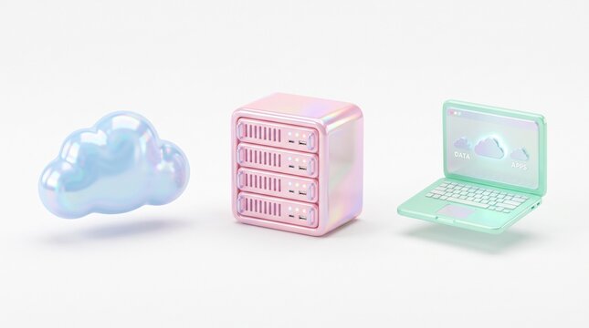 3D cloud computing and server icons. Pastel tech symbols for digital network infrastructure.
