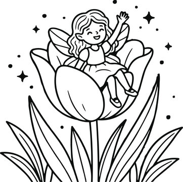 Cute fairy sitting inside a tulip flower. Little magical pixie character for coloring page.