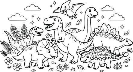 Cute dinosaurs coloring page for kids. Funny prehistoric animals line art illustration. © Md