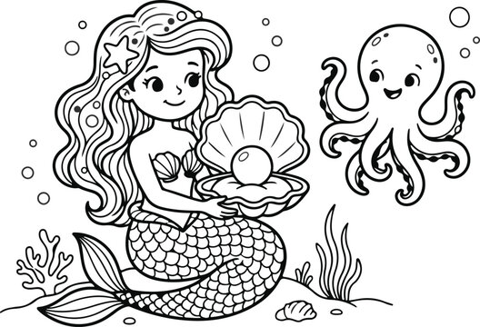 Cute mermaid holding a pearl shell. Coloring page for kids with an octopus and sea life.
