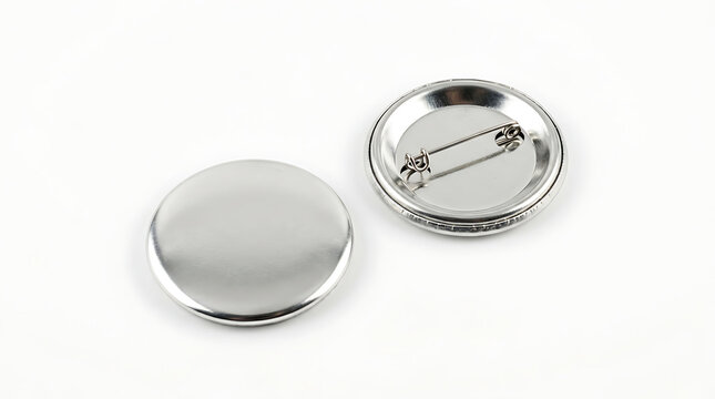 Two blank silver metal buttons with pins on white background 1