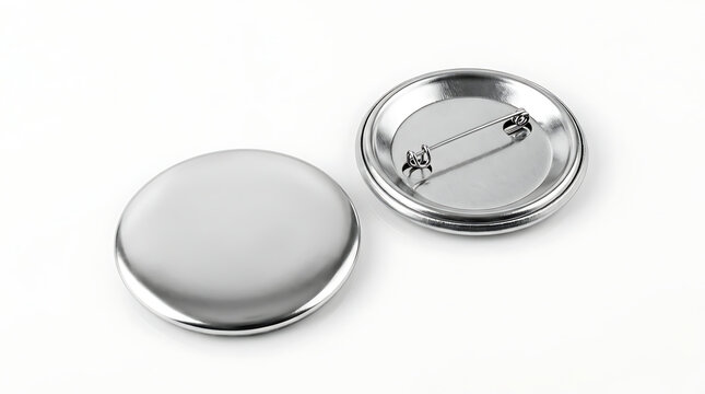 Two blank silver metal pin buttons on white background