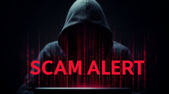 Mysterious hacker wearing dark hooded sweatshirt displaying red scam alert text against glowing binary code background