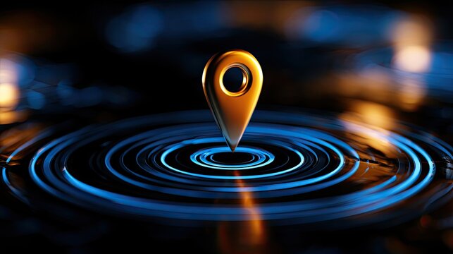 Golden location marker creates ripples in glowing blue and orange fluid