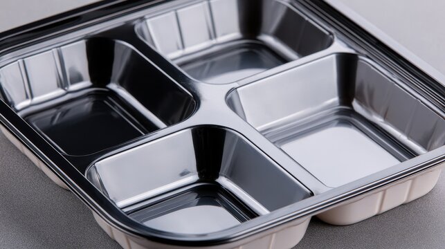 Metal tray with four compartments, clean and empty