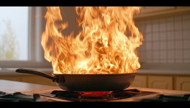 A frying pan erupts in intense flames atop a gas stovetop, creating a dramatic culinary inferno