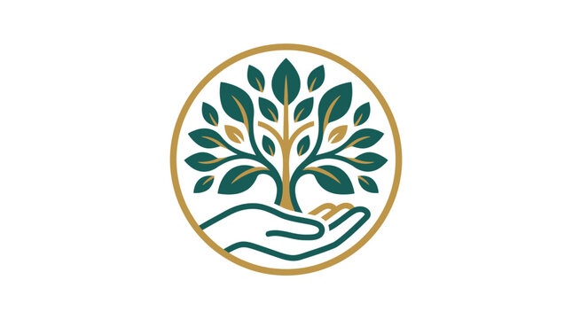 Circular green tree and gold ring logo.