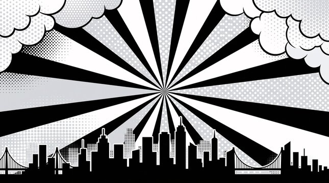 High-contrast black and white city skyline featuring bold radial burst rays and comic clouds. Excellent for editorial projects, architecture themes, business branding, and posters.