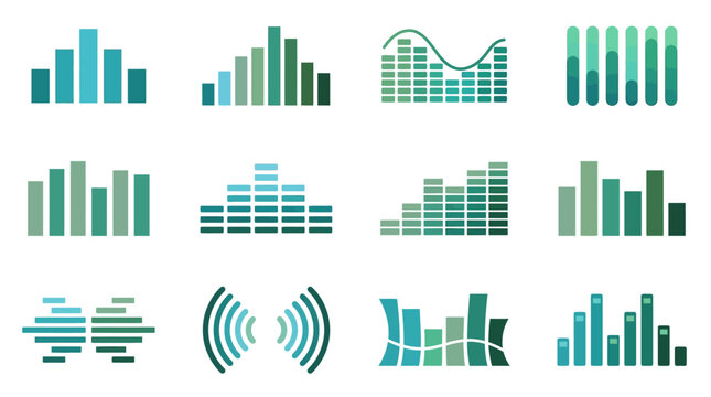 Collection of teal digital bar equalizer and waveforms.